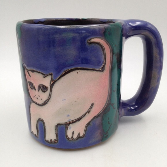 Mara Mexico Tan Pink Cat and Tan Dog Coffee Mug Hand Painted Handmade Folk Art - Picture 1 of 7